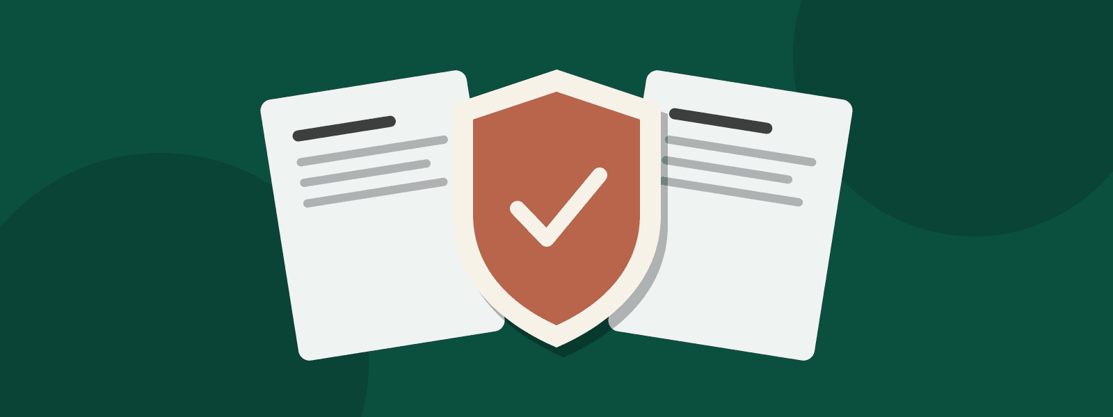 An illustrated shield with a check mark in front of two insurance policy pages