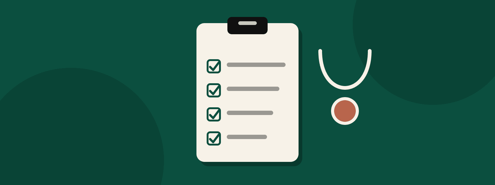 A clipboard with four checked boxes and a stethoscope beside it