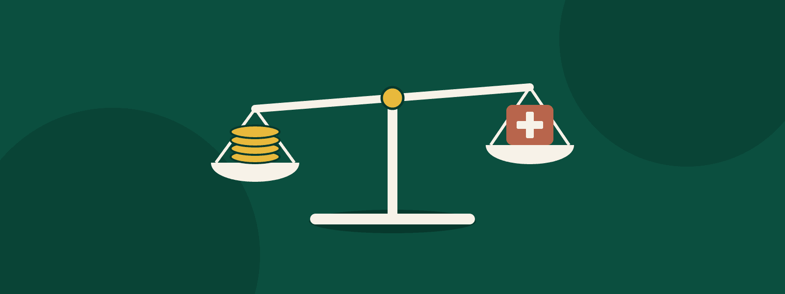 A balance with a stack of coins on one pan and a medical cross card on the other